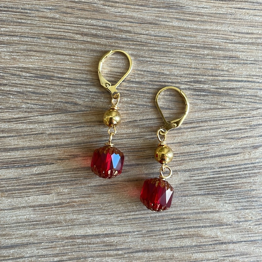 HAND CRAFTED PIERCED EARRINGS Red Cathedral Beads Gold Beads Approximately 1.5”